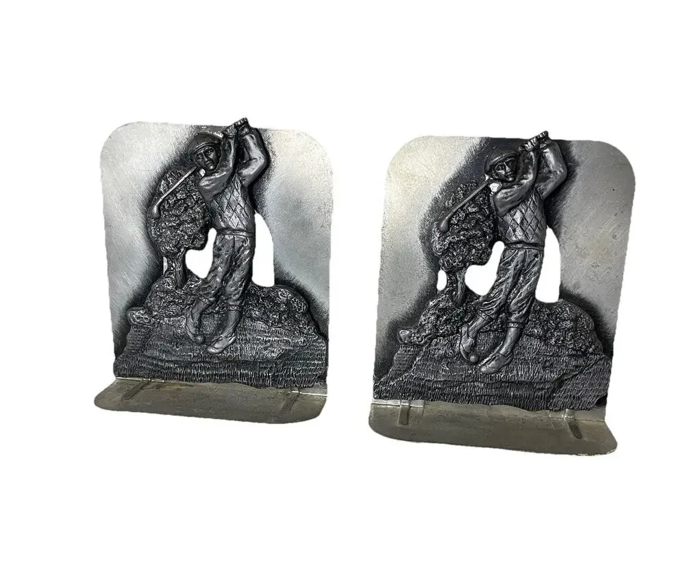Golfer Bookends Silver Pewter Tone Metal Golf Golfing PGA